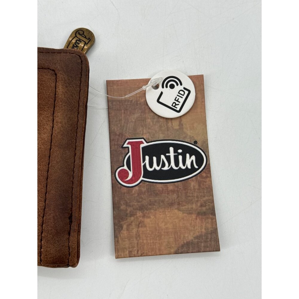 Justin Womens Wallet Bifold Metal Braided Vegan Leather Brown Western New - Picture 2 of 9